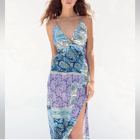 NWT Zara Blue Printed Midi Dress with Knot - Picture 4 of 10